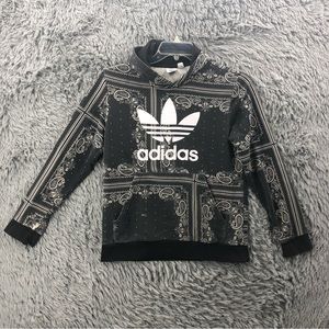 Adidas Hoodie Youth Large Fit Womens Small Logo Spellout Paisley Kangaroo Pocket